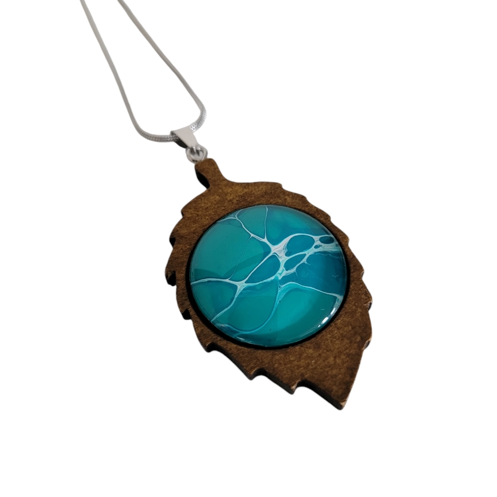 Teal Green Leaf Pendant Necklace